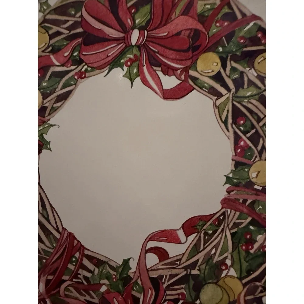 vintage metal Christmas serving tray featuring a wreath design 11in